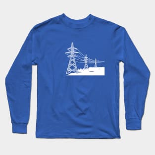 Electricity Pylons Linocut Print. White Silhouette on Blue Long Sleeve T-Shirt